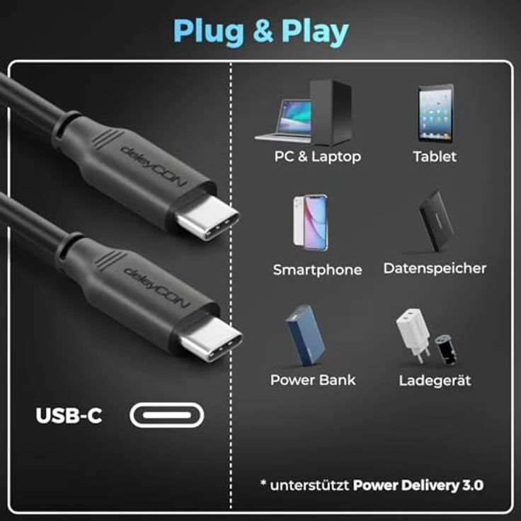 deleyCON USB-C auf USB-C Kabel PD3.0, 3,0 m, 100W Schnellladekabel, Schwarz – Bild 6