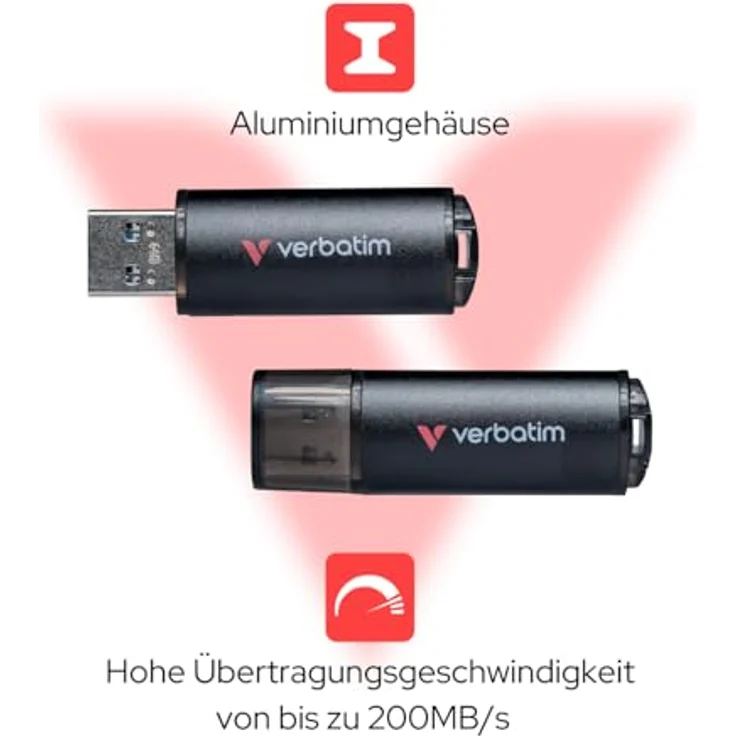 Verbatim USB-Stick V200 Metal, 64 GB, schnelle Datenübertragung mit 200 MB/Sek, schwarz – Bild 3