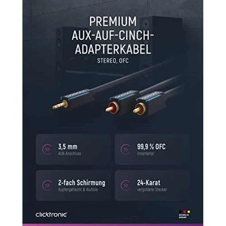 Clicktronic 3,5-mm-AUX-auf-Cinch-Adapterkabel, 5m für optimale Stereo-Audioübertragung, vergoldete Kontakte, robuste PVC-Ummantelung – Bild 2