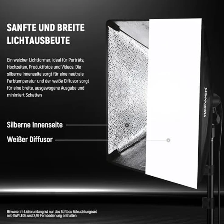 NEEWER NK103 24"x24" Softbox Beleuchtungsset, 2er Pack mit 45W zweifarbigen LED Glühbirnen, 2900K-7000K, 1400Lux/m, CRI95, 20m Fernbedienung und höhenverstellbaren Stativen – Bild 4
