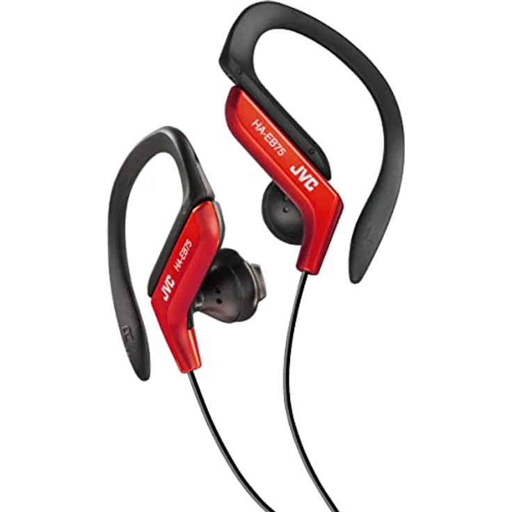 JVC HA-EB75-RN-U Sportkopfhörer mit verstellbarem Haken, 5-Fach verstellbar, spritzwassergeschützt, kraftvoller Bass-Sound, 1,2 m Kabel, kompatibel mit Smartphone, Rot