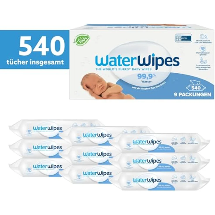 WaterWipes plastikfreie, originale Reinigungstücher für Babys, 540 Stück (9 Packungen), 99,9 % wasserbasierte Reinigungstücher, unparfümiert, pflanzlich, dermatologisch anerkannt – Bild 2