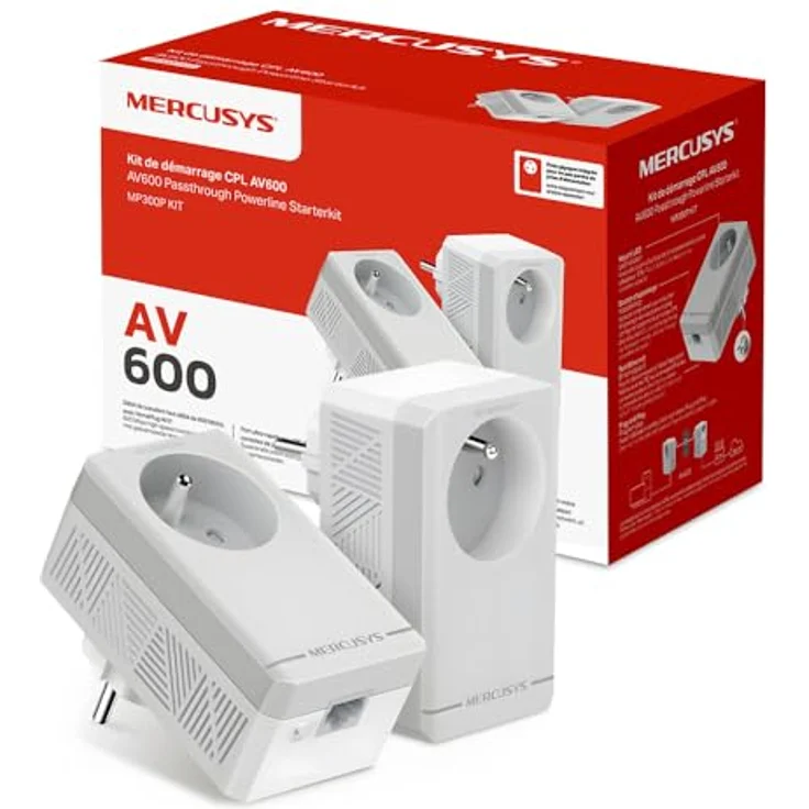 Mercusys MP300P KIT CPL-Adapter 600 Mbps, 1 Port mit integrierter Steckdose Typ F, 2er Pack, ideal für Multi-TV-Service, Plug-and-Play Installation, kompatibel mit allen Routern – Bild 1