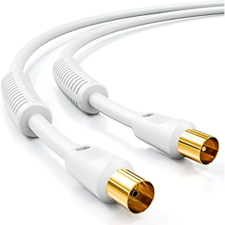 deleyCON 5m TV Antennenkabel, Koaxialkabel mit IEC-Stecker auf IEC-Kupplung, 4-fach Schirmung, 2x Ferritkern, Mantelstromfilter für DVB-T/T2, DAB - Weiß – Bild 1