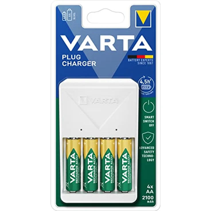 VARTA Akku Ladegerät, inkl. 4X AA 2100mAh, Batterieladegerät für wiederaufladbare Batterien, lädt 2 oder 4 AA/AAA gleichzeitig, Plug Charger, weiß – Bild 2