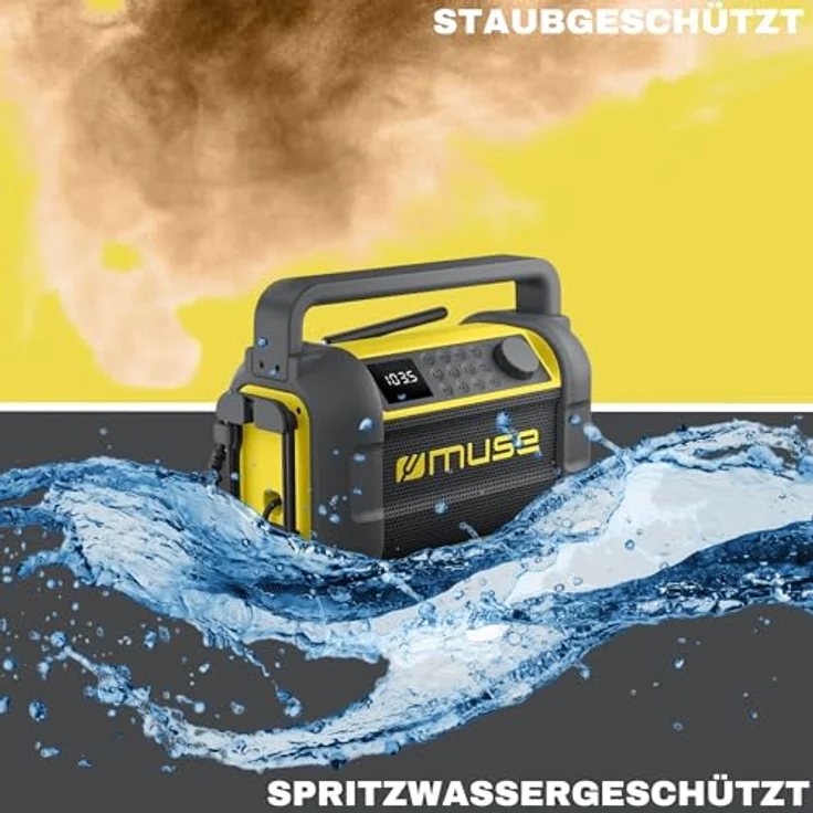 Muse M-928 BTY Baustellenradio, robust, Staub- und spritzwassergeschützt (IP64), mit Bluetooth und UKW Radio, integriertem Ladegerät und USB-C-Anschluss, schwarz-gelb – Bild 4