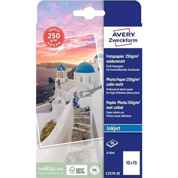 AVERY Zweckform Art. C2570-20 Premium Inkjet Fotopapier weiß - 20 Blatt, 250 g/m², seidenmatte Fotokarten, sofort trocken & wischfest