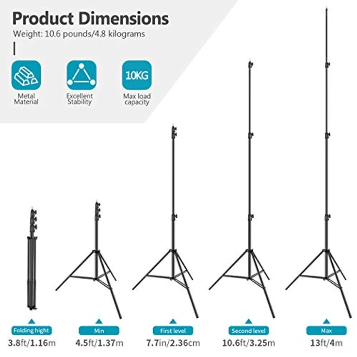 NEEWER Heavy Duty Light Stand 13ft/4m, verstellbares Fotografie Stativ mit Federkissen und 1/4" Schraube, maximale Belastung 22lb/10kg, schwarz – Bild 2