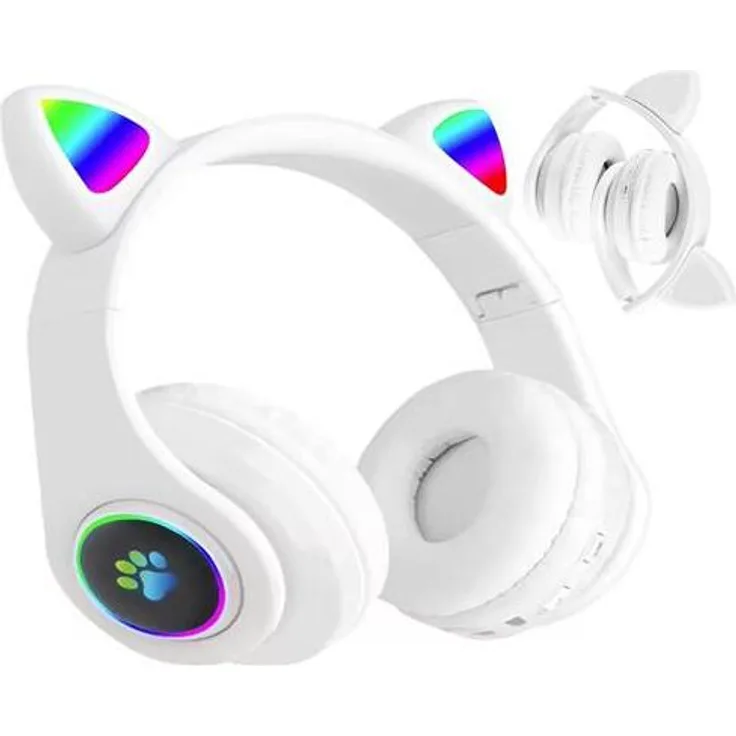 VerkGroup Hochwertige drahtlose Bluetooth Kopfhörer mit Katzenohren, faltbar, weiß, MP3, FM-Radio, LED-Hintergrundbeleuchtung