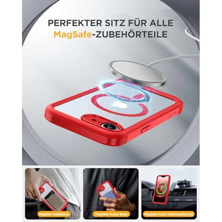 Miracase iPhone 17e & 16e Hülle für MagSafe, 360° Ganzkörper-Schutz, kratzfester Panzerglas-Schutz, vollflächiger Kameraschutz, langlebig, rot – Bild 5