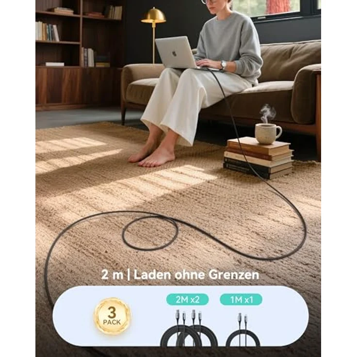 INIU USB C Kabel, [3 Stück 2m+2m+0,5m] 3.1A Nylon Geflochten Schnellladekabel, USB auf USB C für iPhone 15, Samsung S24, MacBook Air – Bild 3