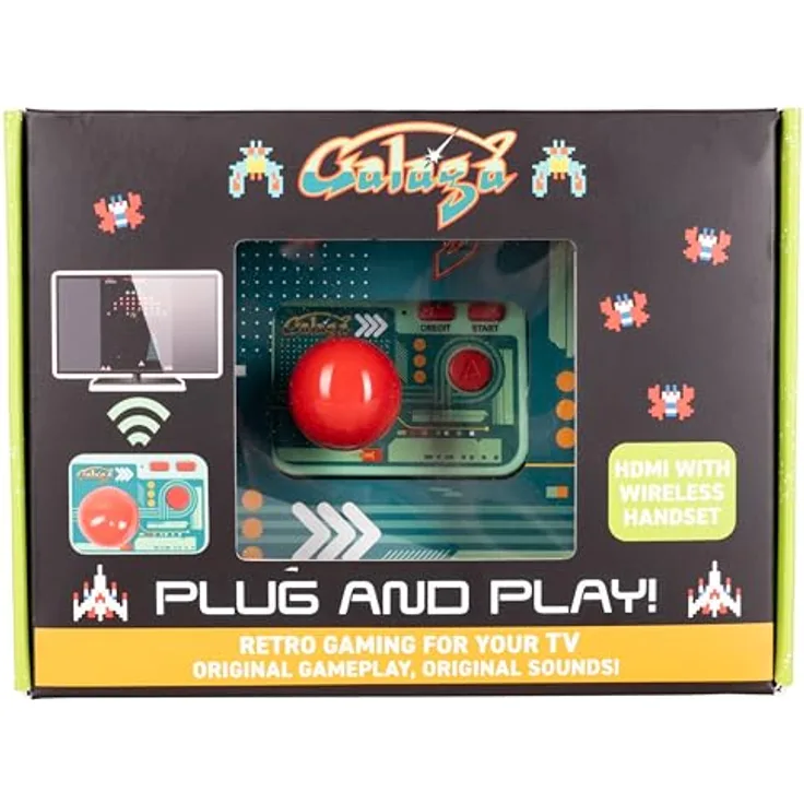 Fizz Creations Galaga Plug and Play, HDMI Konsole mit kabellosem Joystickcontroller für nostalgisches Arcade-Shooting