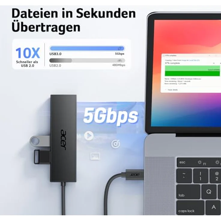 Acer USB C HUB 3.0, Ultra Slim Multiport Hub mit 4 Ports, USB-C-Stromversorgung, 120cm Kabel, für iPhone 15/16, MacBook, iPad Pro, PC, Laptop – Bild 3