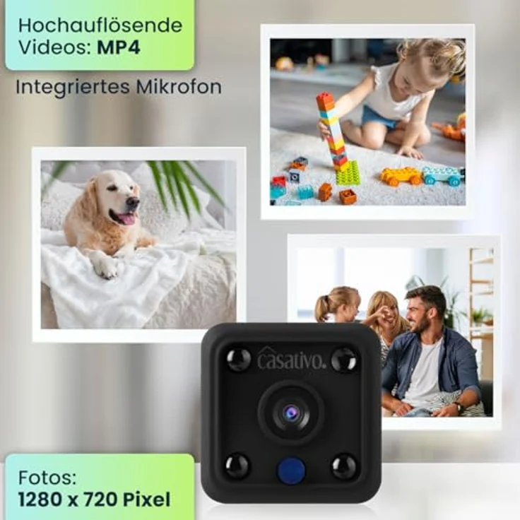 Casativo Micro-IP-Kamera, Akkubetrieb HD 720p, 120° Weitwinkel, Nachtsicht, WLAN, Schwarz – Bild 3