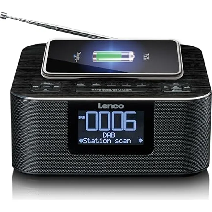 Lenco CR-650 DAB+ Radiowecker - Uhrenradio mit DAB+ und FM - 20 Senderspeicher - Schlummerfunktion - 2 x 2 Watt RMS - LCD - USB und QI Lader - schwarz