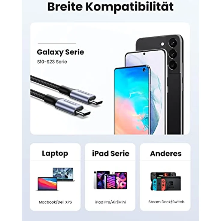 UGREEN USB C auf USB C Kabel 60W PD 3.0, PPS USB-C Ladekabel kompatibel mit Galaxy S23 S22 S21 A13 A23 A33 A53 MacBook Air M2 iPad Pro 12.9 iPad Air 5/Mini 6, Pixel 7 Pro usw. (3M) – Bild 5