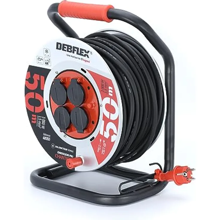 DEBFLEX - Kabeltrommel HO7RN-F 3G1,5-4 Steckdosen wasserdicht – IP44-25M – Schwarz und Rot
