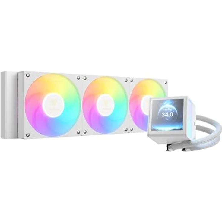 GAMDIAS CHIONE P5, 360-mm-AIO-CPU-Wasserkühler mit drehbarem 3,4-Zoll-IPS-LCD-Display, ARGB-PWM-Lüfter und verstecktem Kabeldesign, Weiß