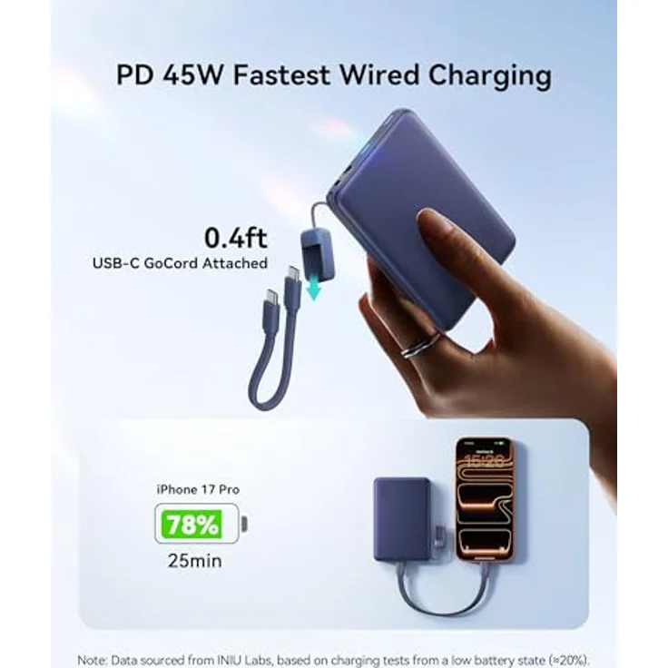 INIU Qi2 25W MagSafe Power Bank, Dünnste 10000mAh Kabelloses Ladegerät mit 45W USB-C Schnellladung, LED Anzeige, Flugsicher für iPhone 17-12 Serie, Blau – Bild 4