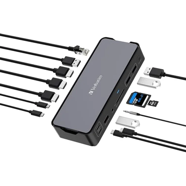 Verbatim USB-C Pro Docking Station, 15-in-1 Hub, Multiport Adapter zu HDMI 4K und 8K, USB-A und USB-C, PD 80 W, AUX, Card Reader, in Schwarz – Bild 2