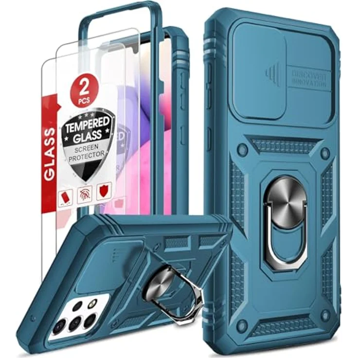 LeYi Hülle für Samsung Galaxy A33 5G, Kameraschieber Schutzhülle mit 2 Schutzglas Folien, Militärische Rüstung mit Ringhalter, Hybrid Case, Blau – Bild 1