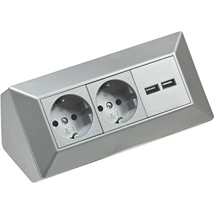 Steckdosenblock Ecksteckdose 2-Fach Schutzkontaktsteckdose 2X USB-A 3,1A Silber Grau – Bild 1