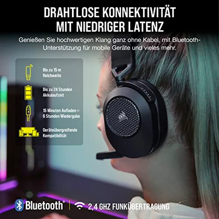 CORSAIR HS65 WIRELESS Multiplattform-Gaming-Headset Mit Bluetooth - Dolby 7.1 Surround Sound - Omnidirektionales Mikrofon - iCUE-Kompatibel - PC, Mac, PS5, PS4, Nintendo Switch, Handy - Carbon – Bild 2