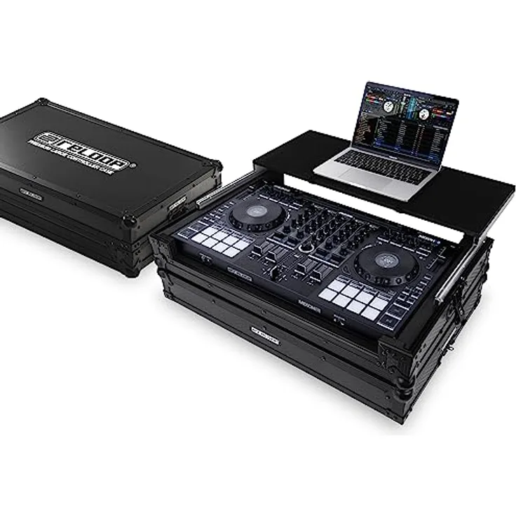 Reloop Premium Large Controller Case, handgefertigtes DJ Controller Case aus robustem Holz und hochwertigem Aluminium mit integriertem Laptop Tray und gefederten Transportgriffen