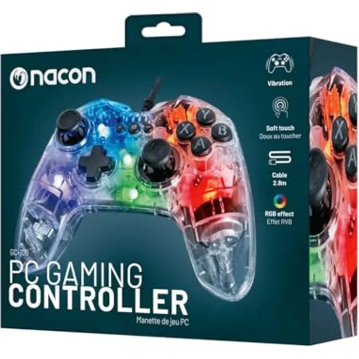 NACON GC-100 XF PC Gaming Controller, transparent/bunt, mit 2 Analog-Sticks, 6 Tasten, 2 Trigger und LED-Lichteffekten
