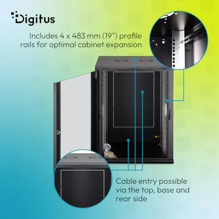 DIGITUS Netzwerkschrank 19-Zoll Rack 16HE, unmontiert, Wandmontage, 600 mm Tiefe, 60 kg Traglast, schwarze Sicherheitsglastür, Dynamic-N Serie – Bild 5