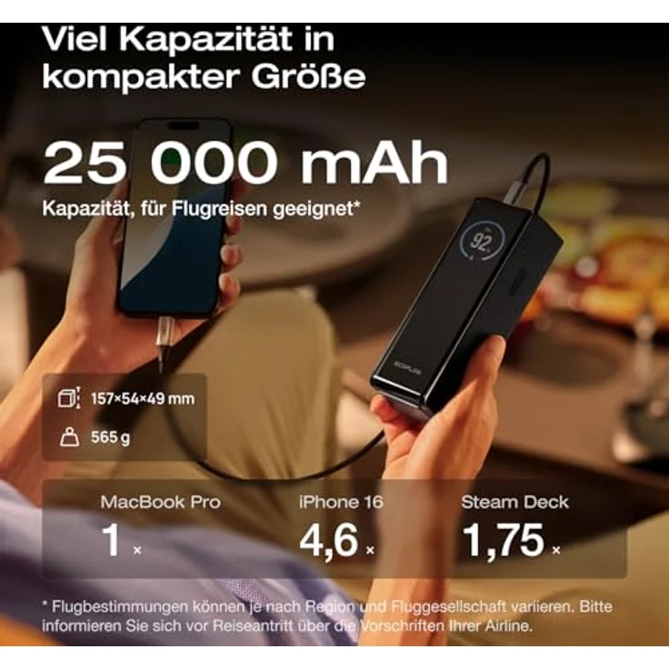 EF ECOFLOW Rapid Powerbank 25 000 mAh 170 W, tragbares Ladegerät mit zwei 140 W USB-C-Anschlüssen, Smart TFT-Display, schwarz – Bild 5