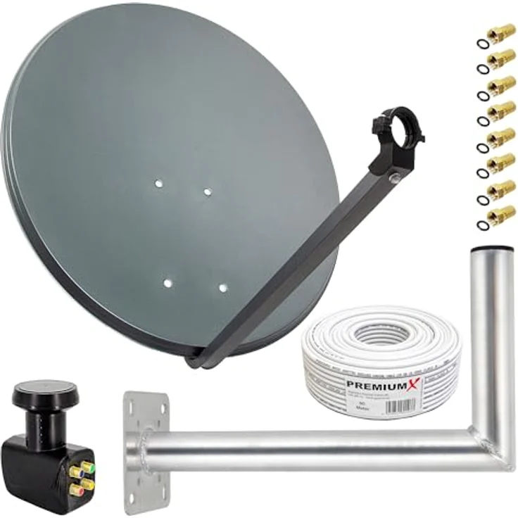 PremiumX SAT Anlage 80cm, Aluminium Antenne in Anthrazit mit Quad LNB, 50m Kabel und 45cm Wandhalter – Bild 1