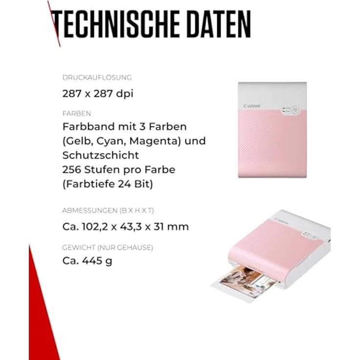 Canon SELPHY SQUARE QX10 Mini-Fotodrucker - mit quadratischem Druck (eingebauter Akku, WLAN, 287 dpi x 287 dpi, USB Kabel, Thermosublimationsdruck) pink – Bild 6