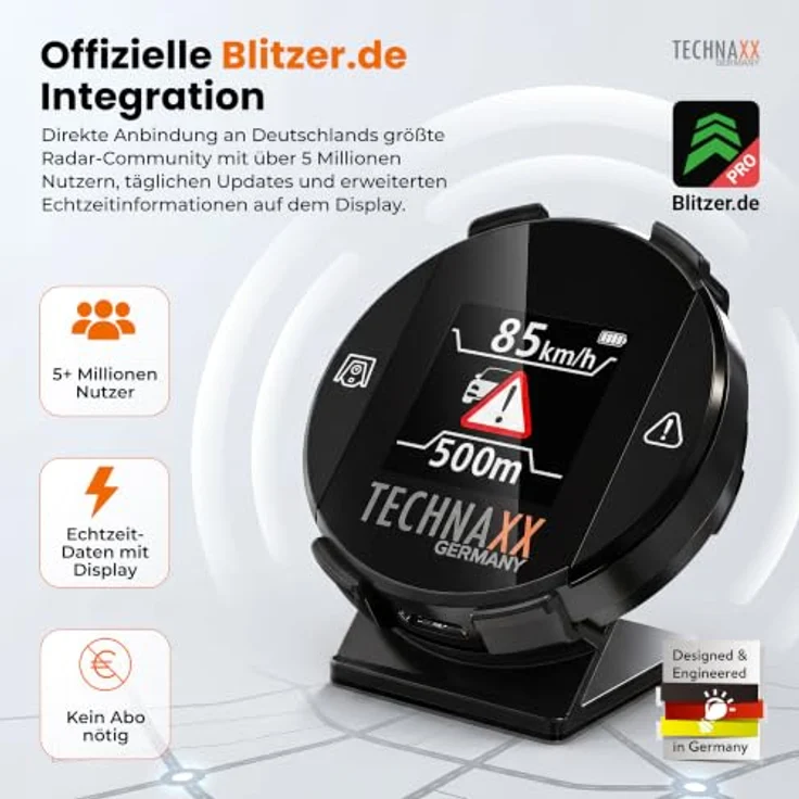 Technaxx TX-388 Verkehrswarner mit Blitzer.de, Echtzeit-Gefahren- und Geschwindigkeitswarnung, Auto-Aktivierung, Display, kompatibel mit Apple CarPlay & Android Auto – Bild 2