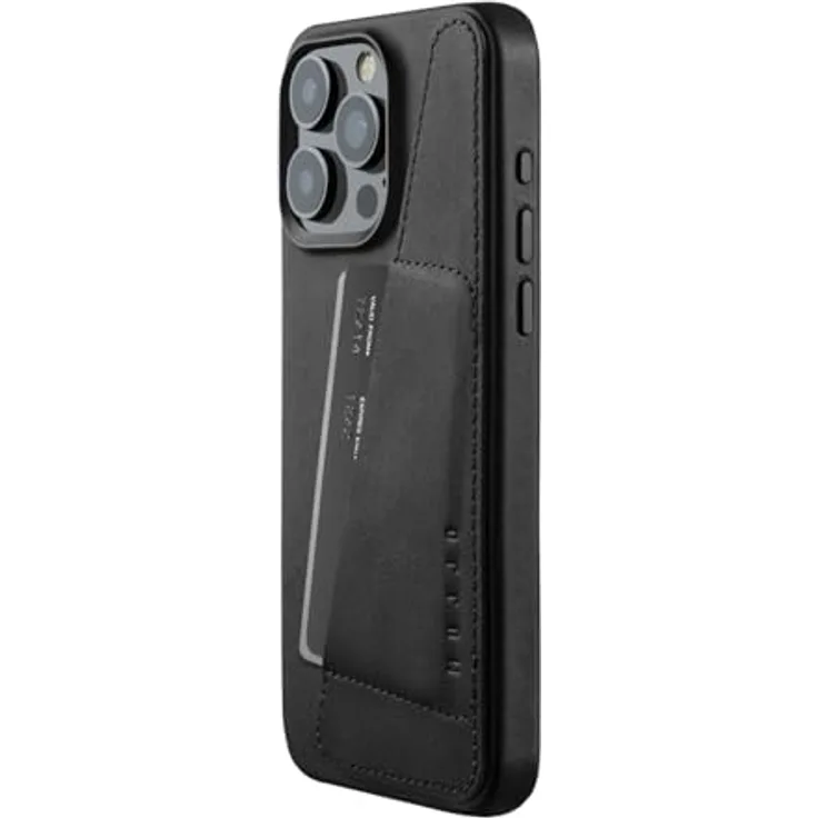 Mujjo Lederhülle Wallet iPhone 15 Pro Max schwarz - Integrierte Brieftaschen-Funktionalität, außergewöhnlicher Schutz, Magsafe-kompatibel