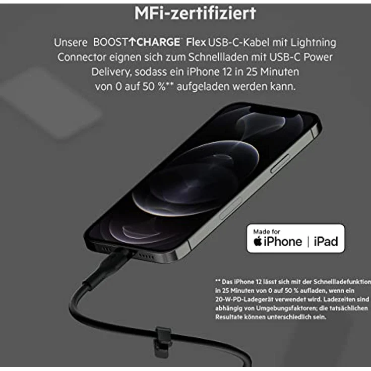 Belkin BoostCharge Flex Silikon-USB-C/Lightning-Kabel, 1 m, MFi-zertifiziert, 20 W, zum Schnellladen mit PD Power Delivery für iPhone 14/14 Plus, 13, 12, Pro, Max, mini, SE und andere Geräte – Schwarz – Bild 2