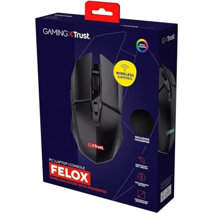 Trust Gaming GXT 112 Felox, Wiederaufladbare Kabellose Gaming Maus mit Mauspad, 80 Stunden Akkulaufzeit, 800-4800 DPI, 6 Tasten, Mousepad 24.5 x 21 cm, Wireless Mouse für PC, Laptop - Schwarz – Bild 1
