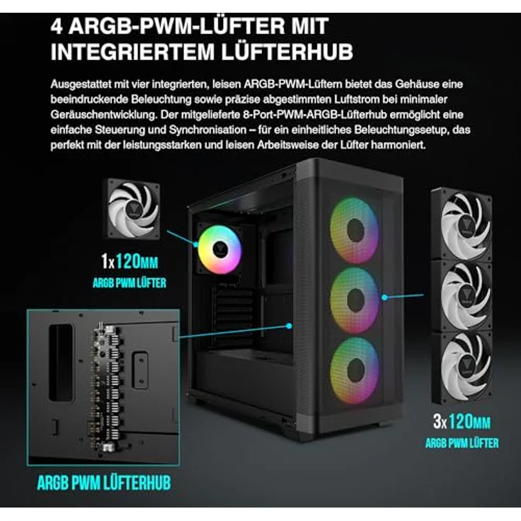 Gamdias Athena M3 GAMING Miditower, E-ATX PC Gehäuse in Schwarz mit 4x120mm ARGB Lüftern und Tempered Glass – Bild 4