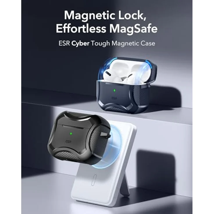 ESR Cyber Armor Hülle für AirPods Pro 2/1 (2023/2022/2019), Starker Sturzschutz, MagSafe Ready, Magnetverschluss, Schwarz – Bild 3