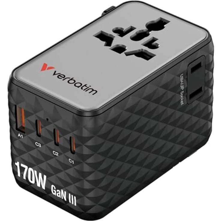 Verbatim Charge'n'Travel 170W, GaN III Universal Reiseadapter mit 3 × USB-C und 1 × USB-A, schwarz – Bild 1
