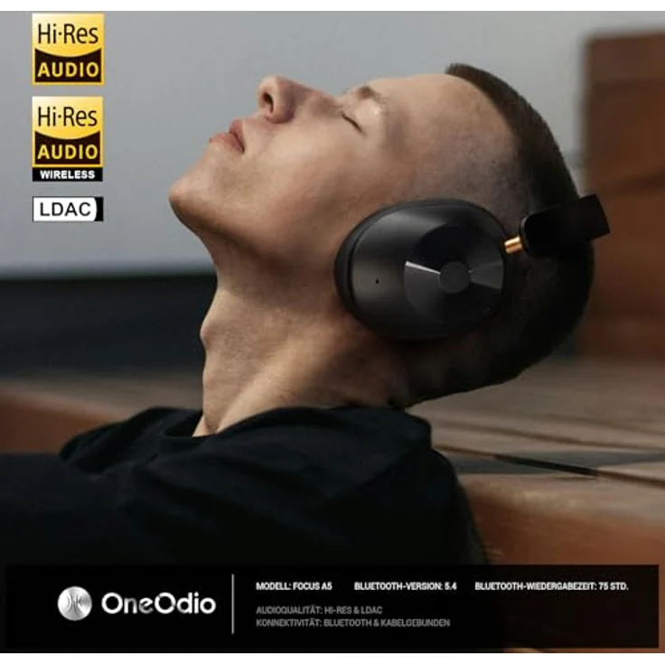OneOdio A5 Over Ear Kopfhörer Kabellos Bluetooth, Hybrid Aktive Noise Cancelling, Hi-Res LDAC Audio, 75 Std. Akku, Bluetooth 5.4, klare Anrufe, Spielemodus, Schnellladung - Schwarz – Bild 2