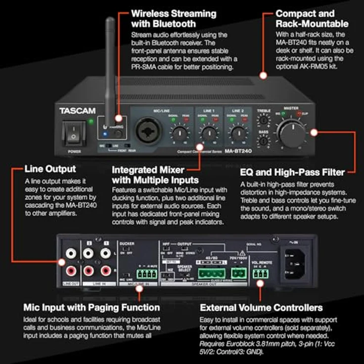 Tascam MA-BT240, 240W Mischverstärker mit Bluetooth-Streaming und integrierter Mischfunktion, kompakte Rackmontagegröße – Bild 3