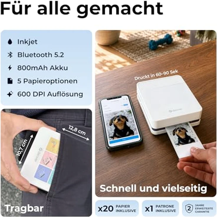 Denver MCP-6010 Mini Fotodrucker, mobiler Farbdrucker mit Bluetooth 5.2, 600 DPI, inkl. Patrone & 20 Blatt Fotopapier Set – Bild 4