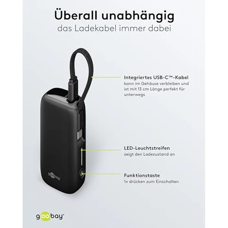 goobay Powerbank 5.000 mAh mit integriertem USB-C Kabel, Quick Charge/Power Delivery, für Samsung, Xiaomi, Lenovo, Huawei, Apple iPhone/iPad, 13 cm, schwarz – Bild 5