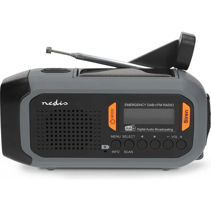 Nedis Tragbares Notfallradio DAB+ / FM mit Solar, Akku, Taschenlampe und Weckerfunktion, Grau / Orange / Schwarz
