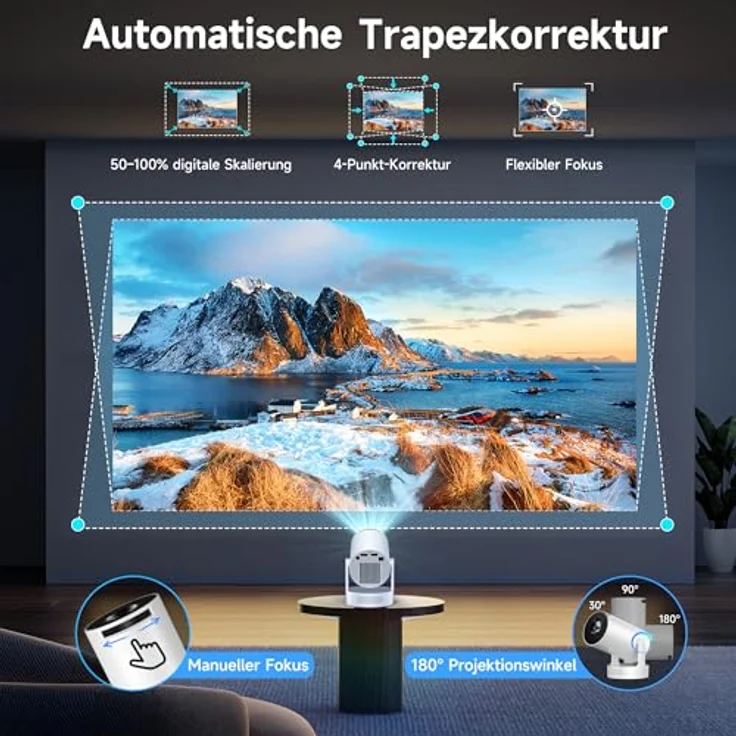 Philoent Mini Beamer, Smart Projektor 4K/1080P mit WiFi 6, Bluetooth 5.4, Auto Screen Trapezkorrektur, Ultrakurzdistanz, leiser Betrieb – Bild 5