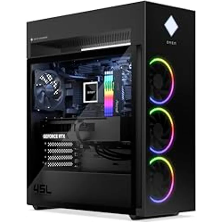 HP OMEN Gaming PC | 45L | AMD Ryzen 9 7950X3D | 32GB RAM | 2TB SSD | GeForce RTX 4070 (12GB) | Flüssigkeitskühlung, Schwarz
