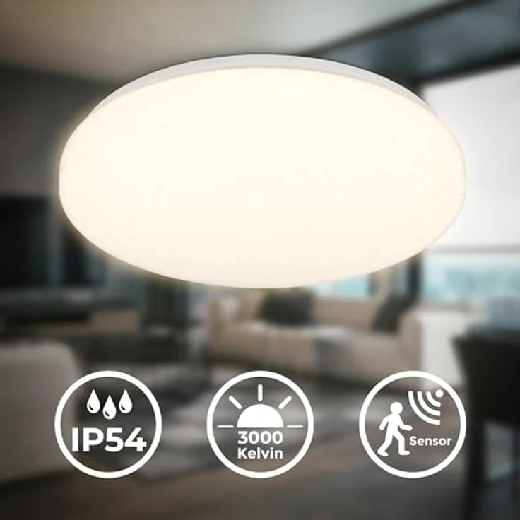 B.K.Licht - LED Deckenlampe mit Bewegungsmelder 3m Reichweite IP54, 12W LED-Platine, 1300 Lumen, warmweißes Licht, 120 Grad Erfassung, 27x6,5 cm, Weiß – Bild 2