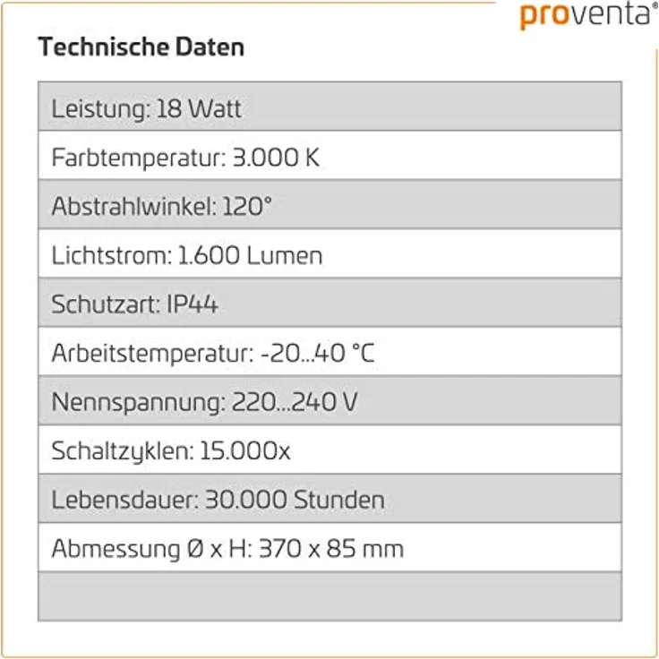 Proventa LED Deckenleuchte Ø 37cm spritzwassergeschützt für Bad Zone 2 und 3 geeignet warmweiß 3.000K 18W 1.600 Lumen – Bild 5