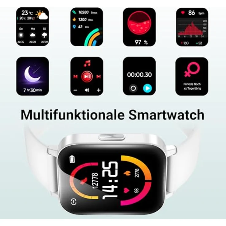 XINJI Smart Watch C1, Bluetooth 5.0, 1,69" Touchdisplay, Puls-/Blutsauerstoff-Messung, Kalorien-/Schrittzähler, 5ATM wasserdicht, weiß – Bild 3